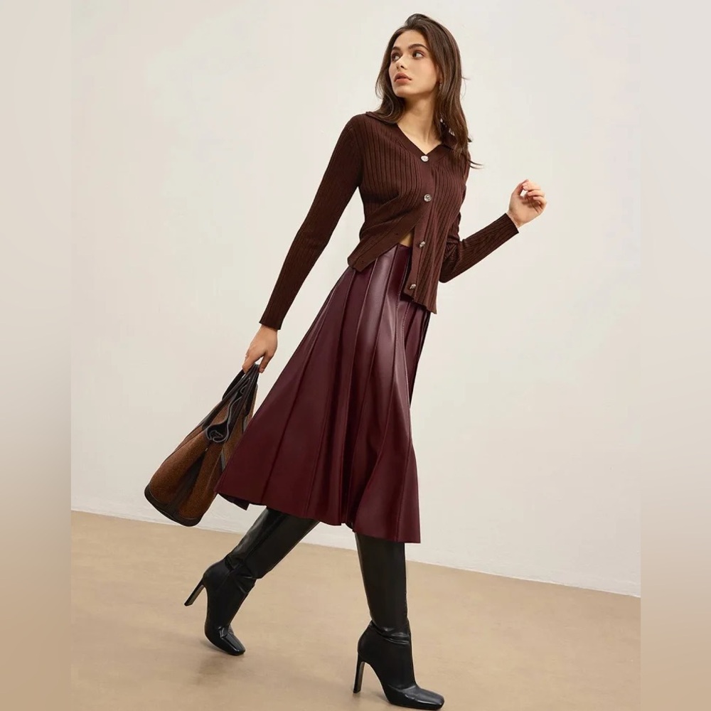 Commense Burgundy Midi Pleated Leather-Look Skirt